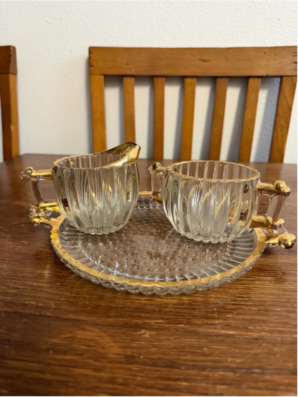 Vintage Smoked Glass Creamer Sugar Bowl & Serving Tray Gold Gilt Hollywood Regen